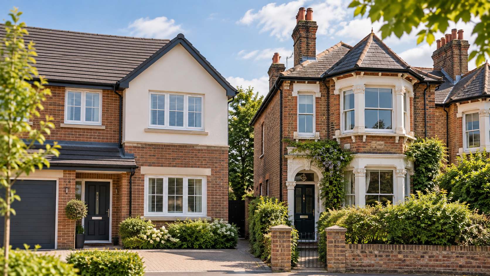 Modern and period British homes illustrating the difference between Level 2 and Level 3 surveys.
