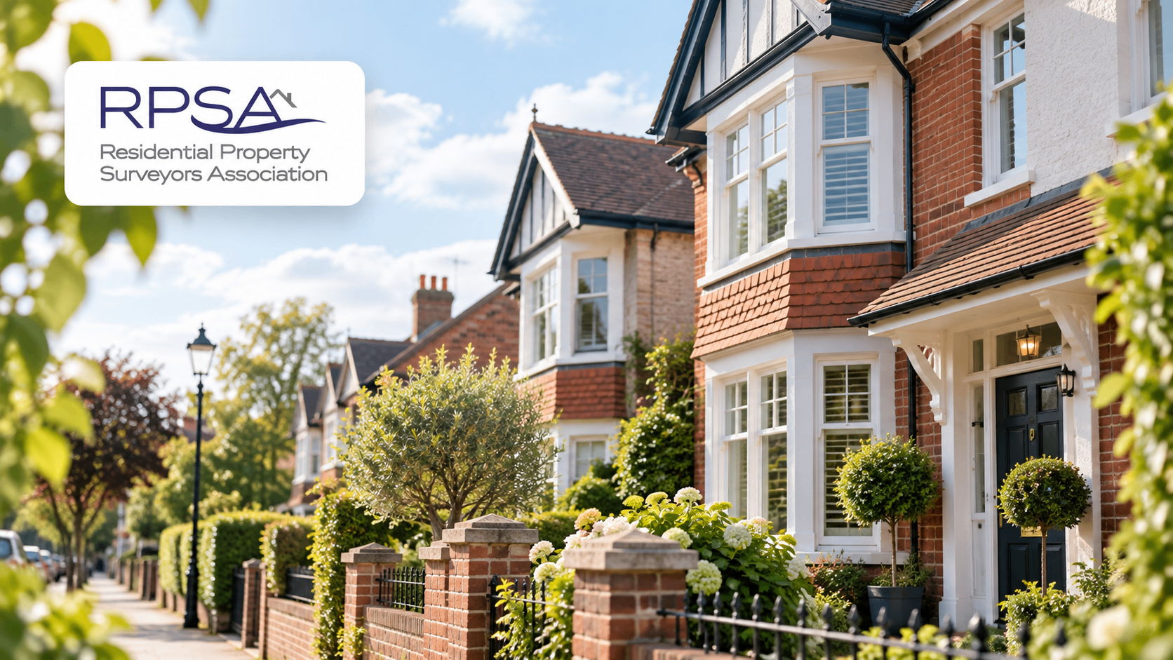 Residential streetscape with the Residential Property Surveyors Association logo.